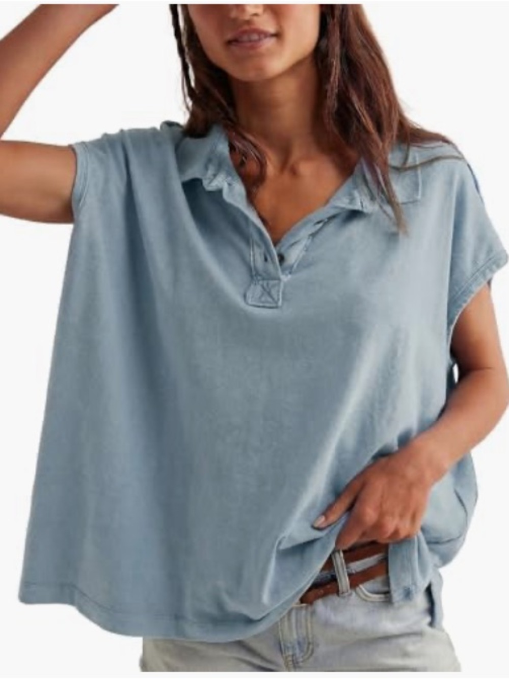 Relaxed Short-Sleeve Polo Top in Dusty Blue